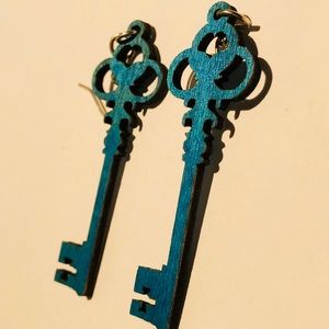 Bright Blue Colorful Wooden Skeleton Key Earrings